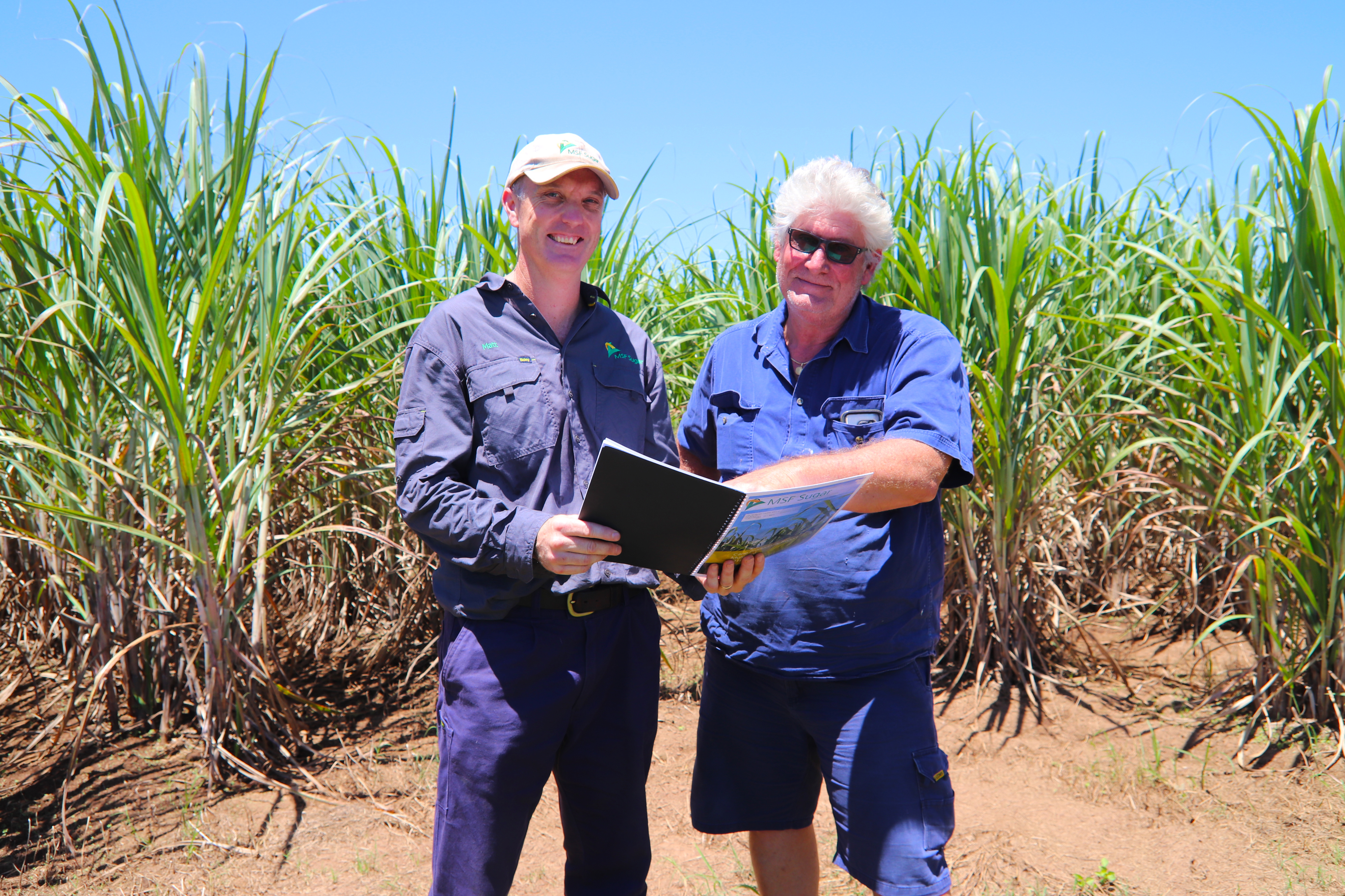 Benchmarking: MSF Sugar Mulgrave Mill Cane Supply Field Officer Matt Hession, left, and Mulgrave grower John Ferrando review the 2017 cane productivity report for the Mulgrave milling region.