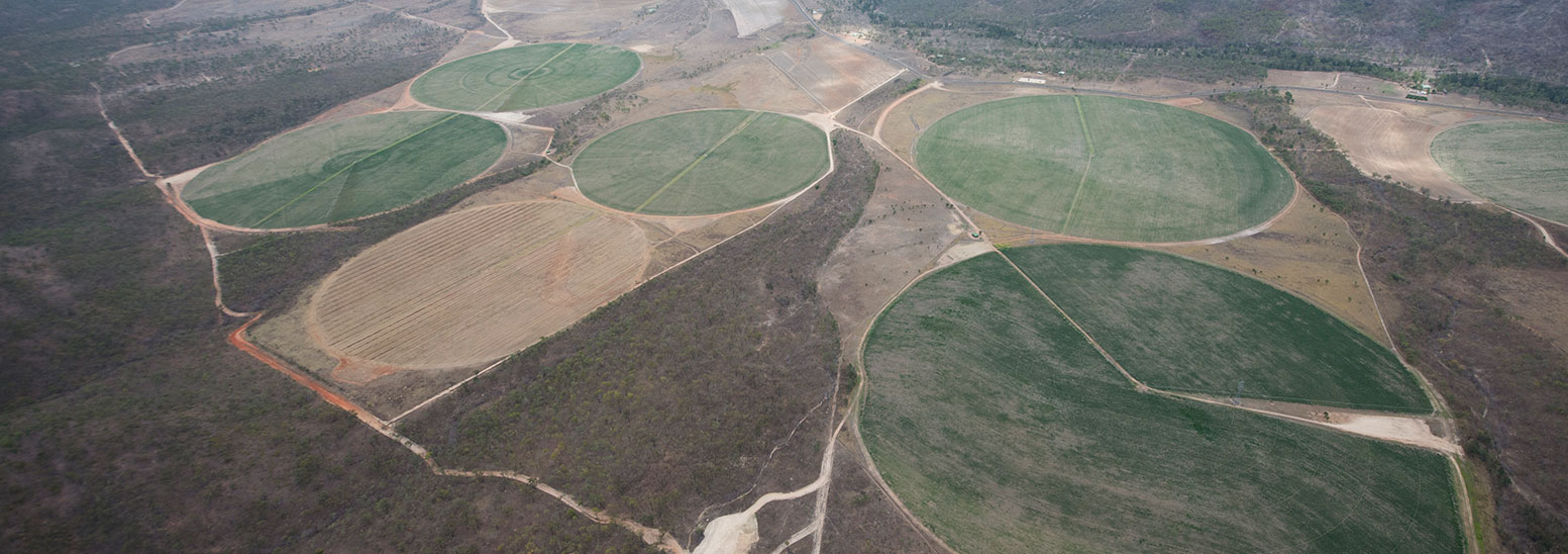 Crop circles on the Atherton Tableland demonstrate the need for ongoing irrigation.